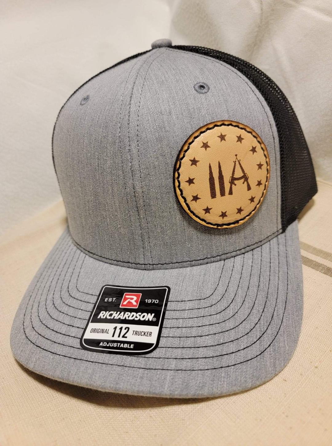 Custom Richardson's 112 Hat with Custom Laser Leather Patch 2A - Red White and Pew Laser Engraving