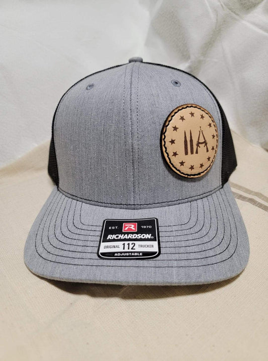 Custom Richardson's 112 Hat with Custom Laser Leather Patch 2A - Red White and Pew Laser Engraving