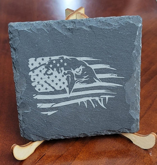 4 Pack of Slate Coasters Laser Engraved Eagle Flag - Red White and Pew Laser Engraving