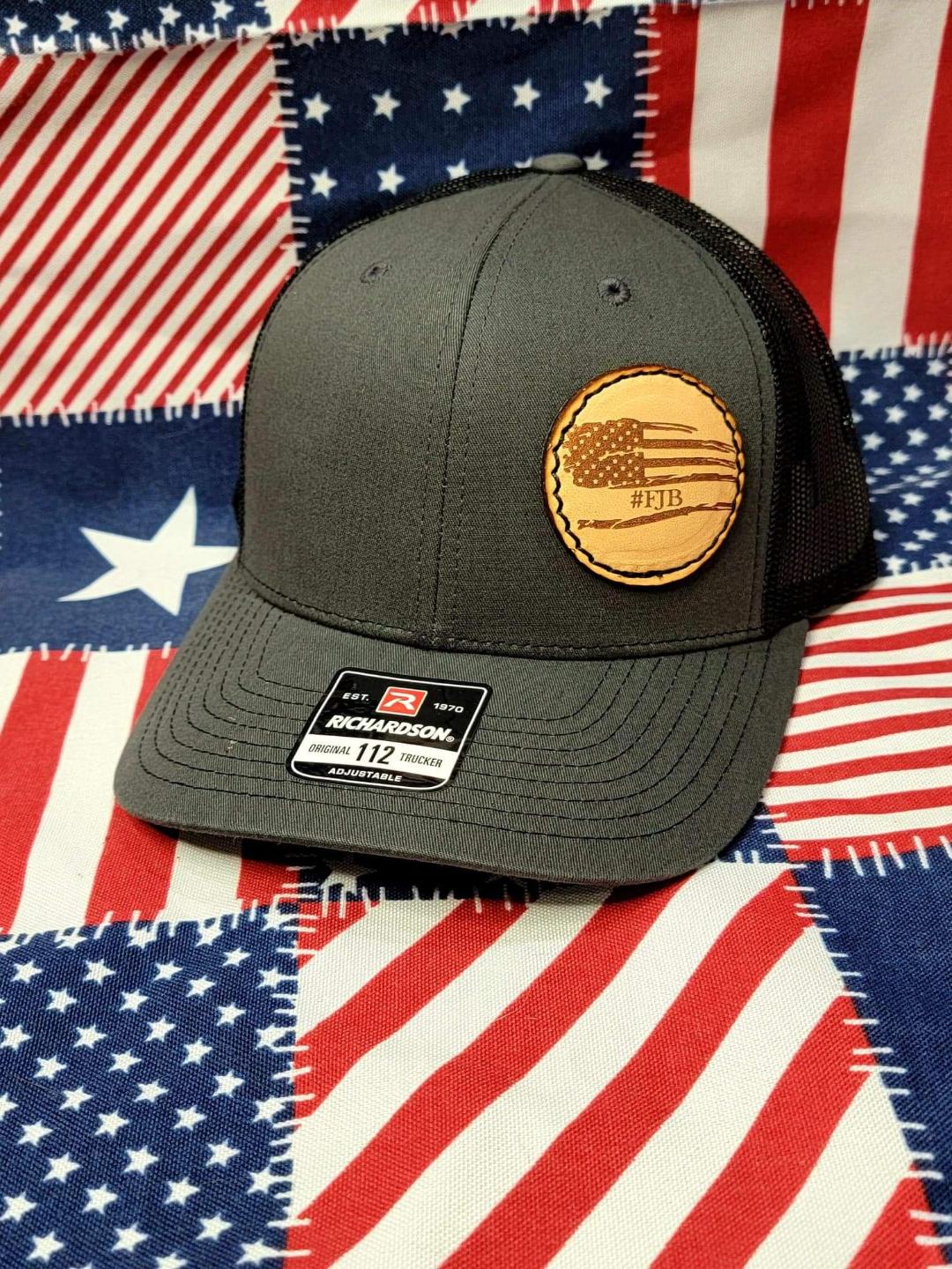 Custom Richardson's 112 Hat with Custom Laser Leather Patch FJB Flag - Red White and Pew Laser Engraving