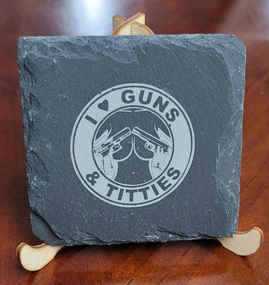 Slate Coaster Laser Engraved G and T - Red White and Pew Laser Engraving