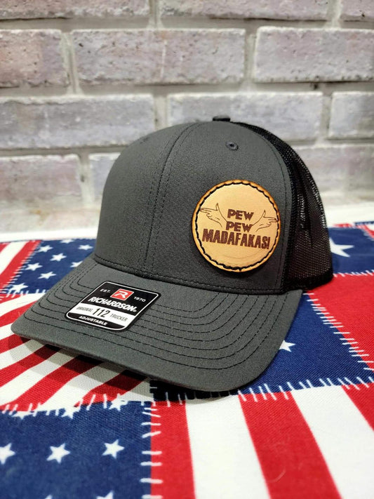 Custom Richardson's 112 Hat with Custom Laser Leather Patch P P Madafakas - Red White and Pew Laser Engraving