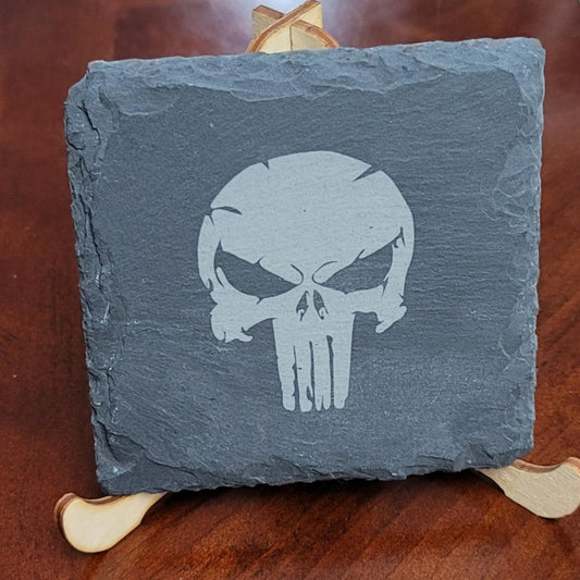 4 Pack of Slate Coasters Laser Engraved Skull - Red White and Pew Laser Engraving