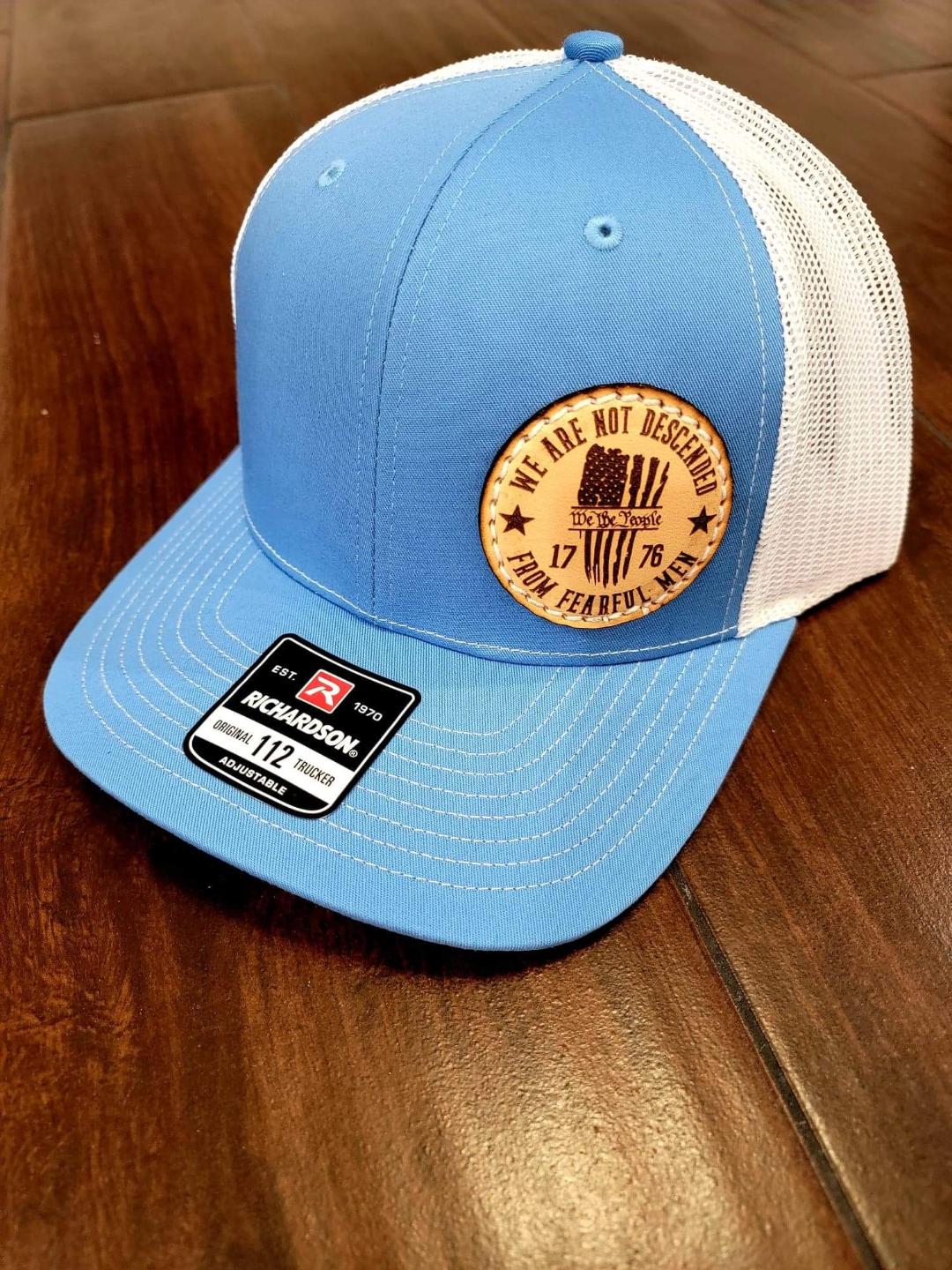 Custom Richardson's 112 Hat with Custom Laser Leather Patch We Are Not Descended From Fearful Men - Red White and Pew Laser Engraving