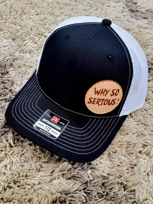 Custom Richardson's 112 Hat with Custom Laser Leather Patch Why So Serious - Red White and Pew Laser Engraving