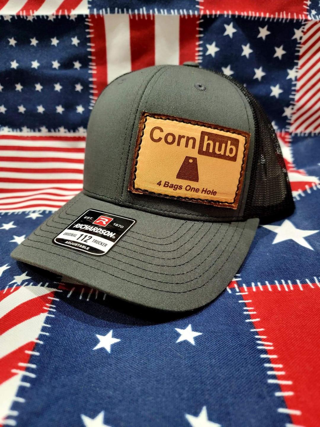 Custom Richardson's 112 Hat with Custom Laser Leather Patch CornHub - Red White and Pew Laser Engraving