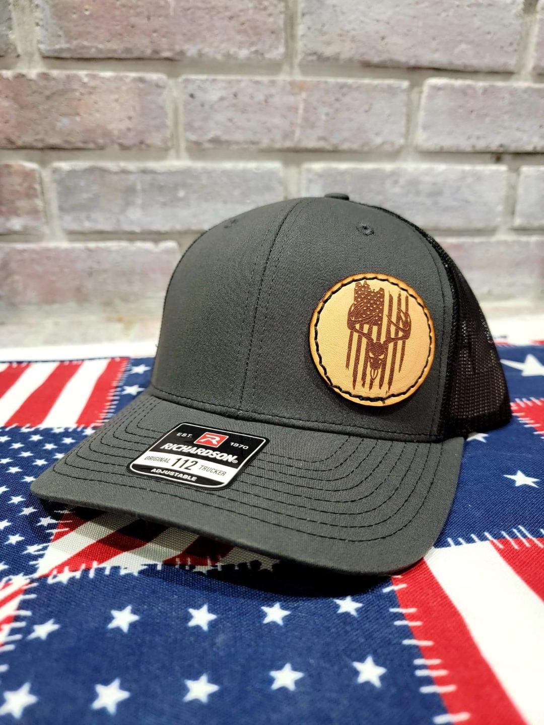 Custom Richardson's 112 Hat with Custom Laser Leather Patch Deer Flag - Red White and Pew Laser Engraving