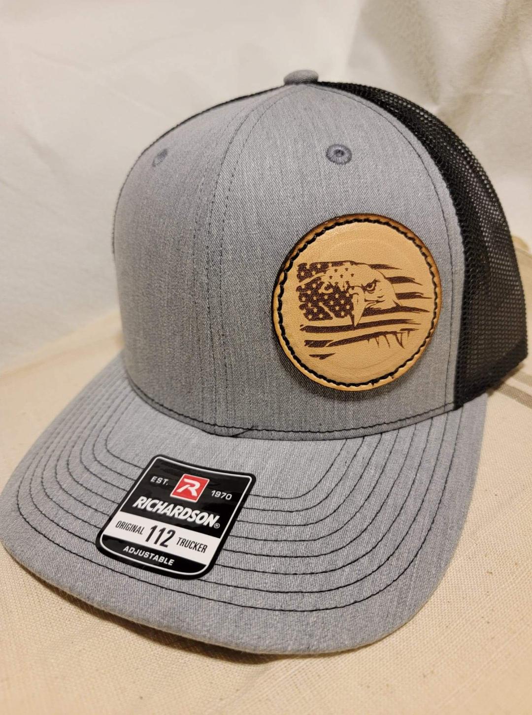 Custom Richardson's 112 Hat with Custom Laser Leather Patch Eagle American Flag - Red White and Pew Laser Engraving