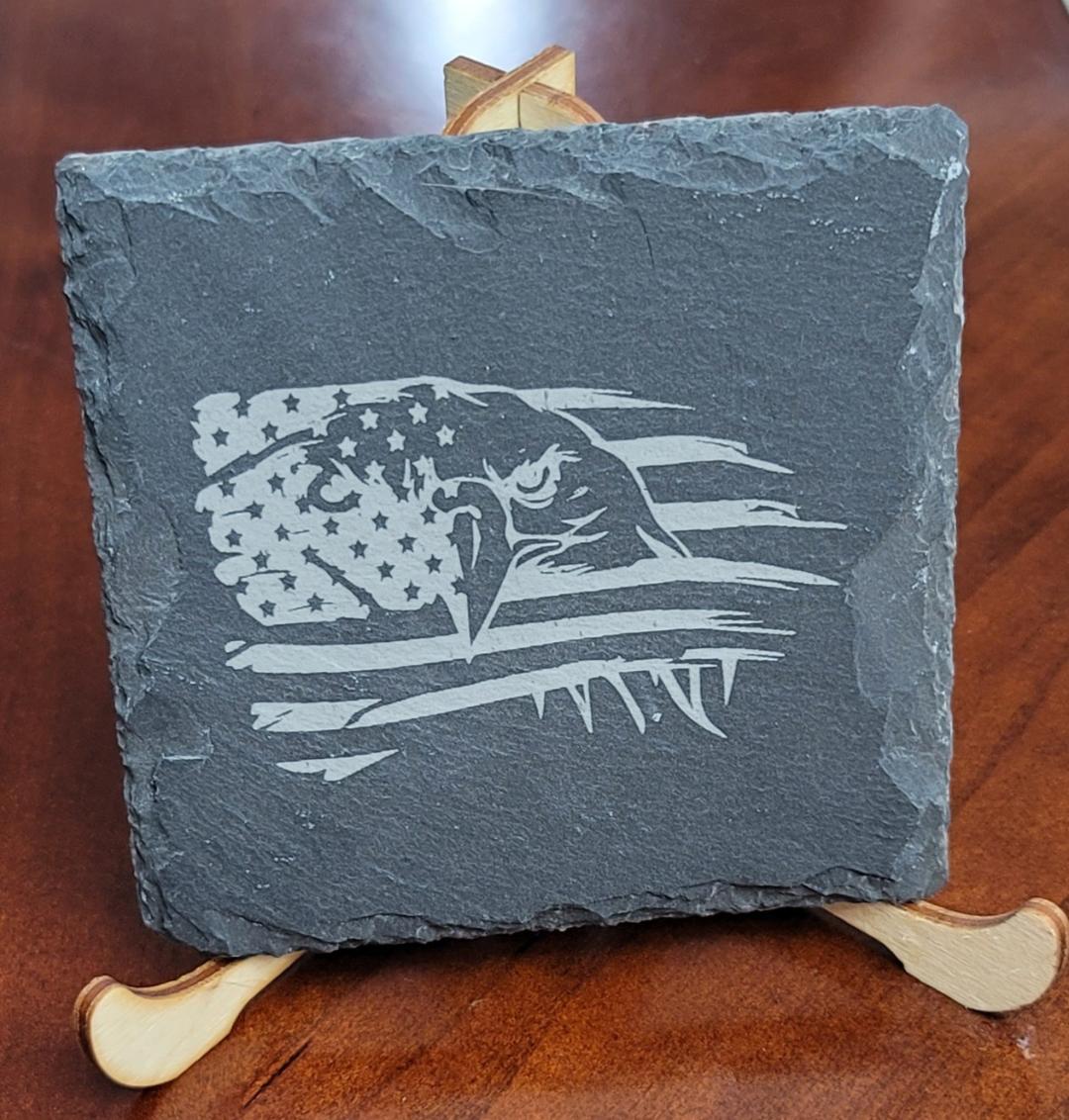 Slate Coaster Laser Engraved Eagle Flag - Red White and Pew Laser Engraving