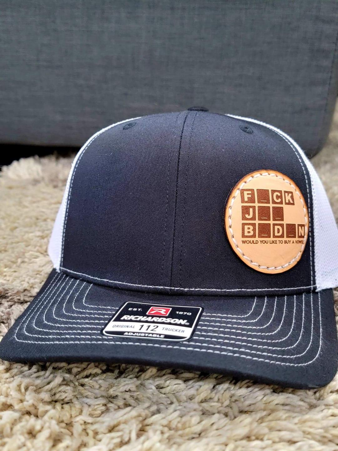 Custom Richardson's 112 Hat with Custom Laser Leather Patch FJB Buy A Vowel - Red White and Pew Laser Engraving