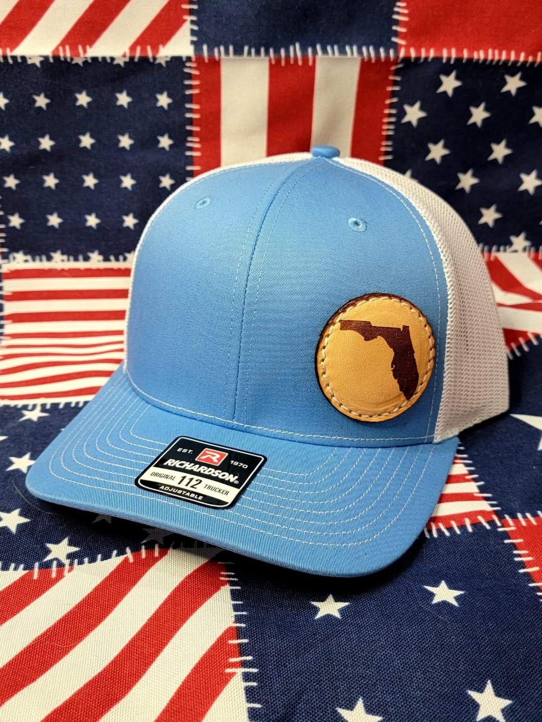 Custom Richardson's 112 Hat with Custom Laser Leather Patch Florida - Red White and Pew Laser Engraving