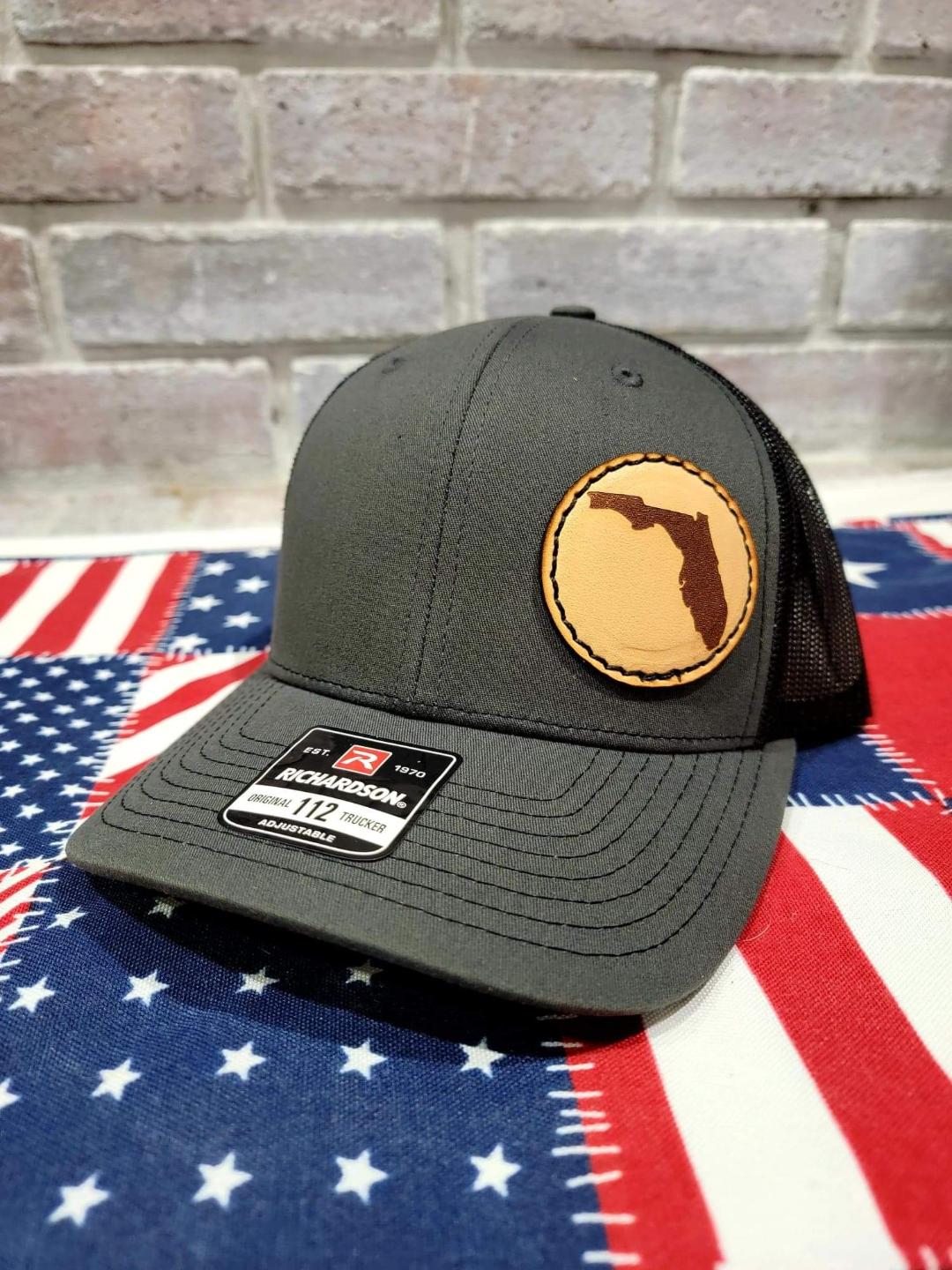 Custom Richardson's 112 Hat with Custom Laser Leather Patch Florida - Red White and Pew Laser Engraving