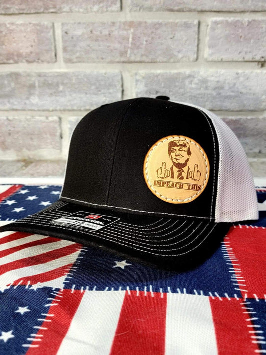 Custom Richardson's 112 Hat with Custom Laser Leather Patch Impeach This - Red White and Pew Laser Engraving