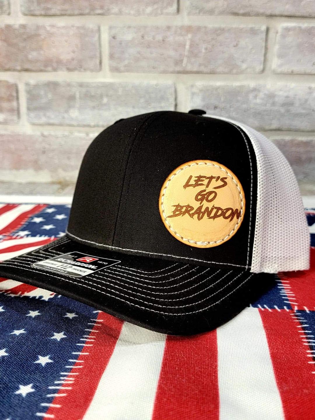 Custom Richardson's 112 Hat with Custom Laser Leather Patch Let's Go Brandon - Red White and Pew Laser Engraving