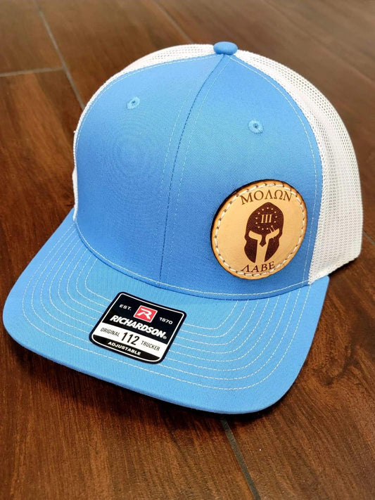 Custom Richardson's 112 Hat with Custom Laser Leather Patch Molon Labe - Red White and Pew Laser Engraving