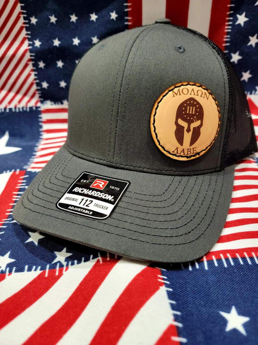 Custom Richardson's 112 Hat with Custom Laser Leather Patch Molon Labe - Red White and Pew Laser Engraving