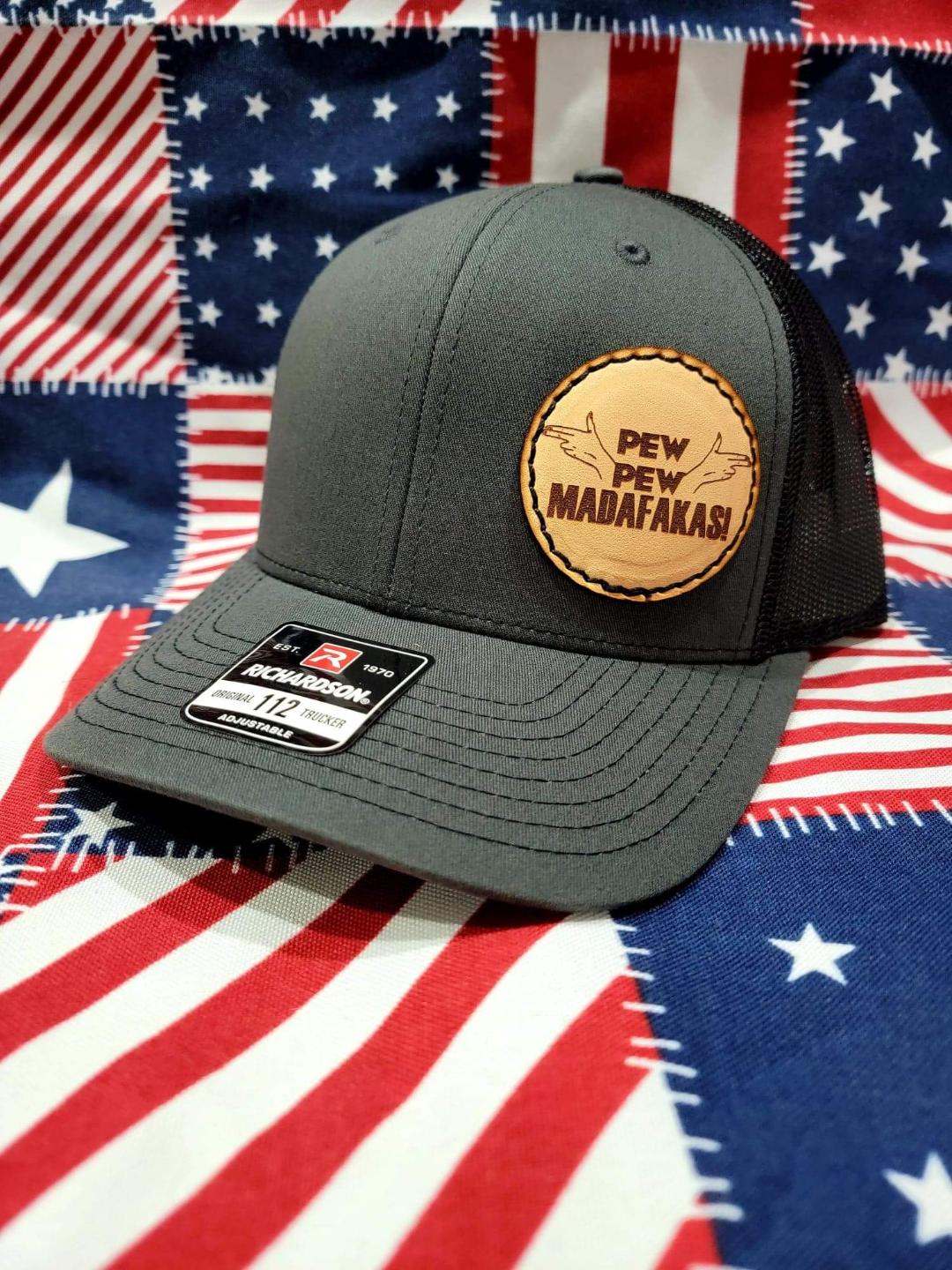 Custom Richardson's 112 Hat with Custom Laser Leather Patch P P Madafakas - Red White and Pew Laser Engraving