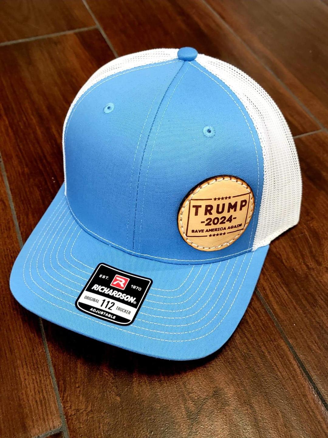 Custom Richardson's 112 Hat with Custom Laser Leather Patch Trump 2024 Save America Again - Red White and Pew Laser Engraving