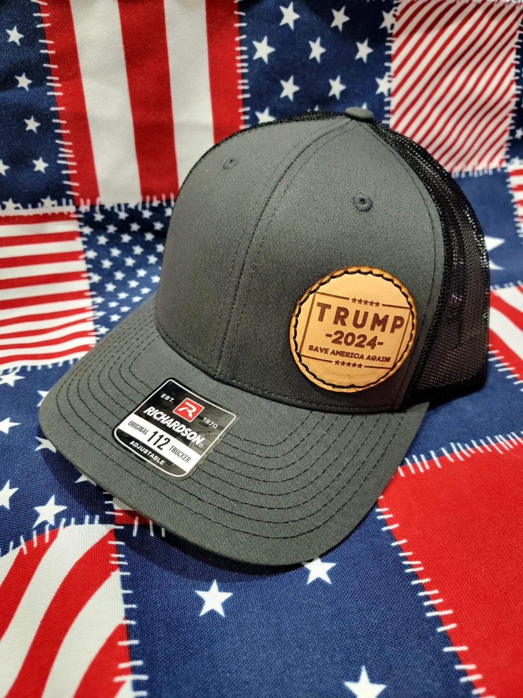 Custom Richardson's 112 Hat with Custom Laser Leather Patch Trump 2024 Save America Again - Red White and Pew Laser Engraving