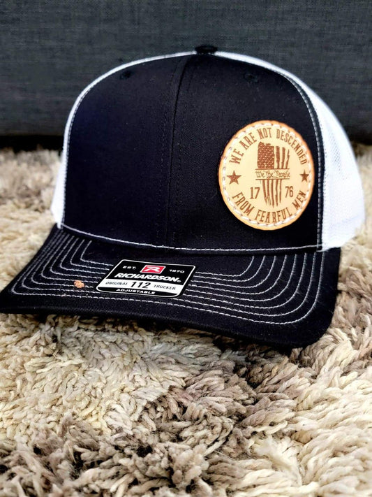 Custom Richardson's 112 Hat with Custom Laser Leather Patch We Are Not Descended From Fearful Men - Red White and Pew Laser Engraving