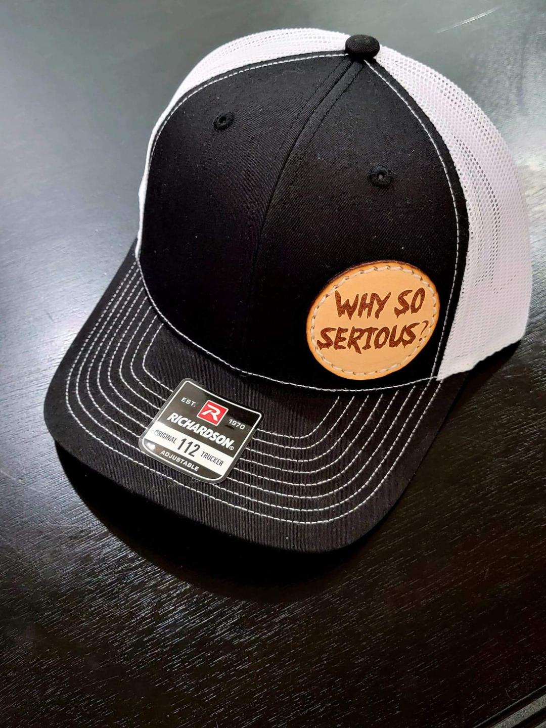 Custom Richardson's 112 Hat with Custom Laser Leather Patch Why So Serious - Red White and Pew Laser Engraving